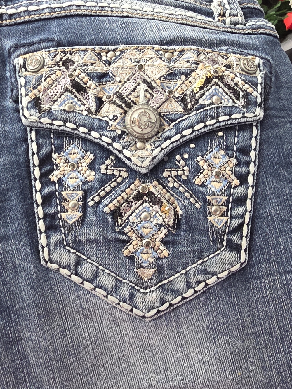 #7 Grace in LA Blue Denim Bootcut Jeans with Embellished Back Pocket